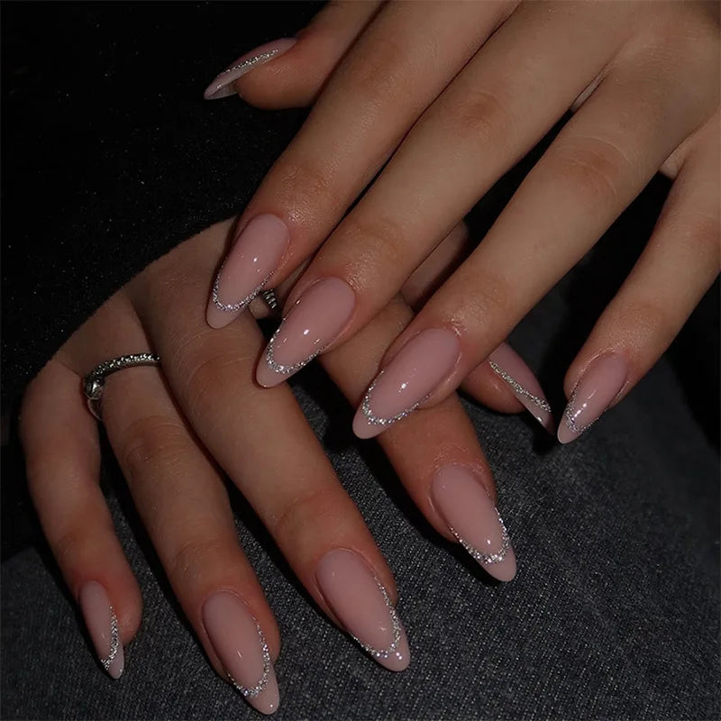 24Pcs Mid-length Almond Press on Fake Nails Shiny Powder French Design False Nails Simple Nude Detachable Full Cover Nails Tips