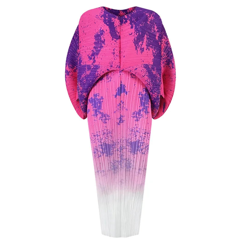 Spring Print Pleated Skirt/Holiday Party Temperament Loose Bat S Sleeve Dress Factory Spot Pink One Size