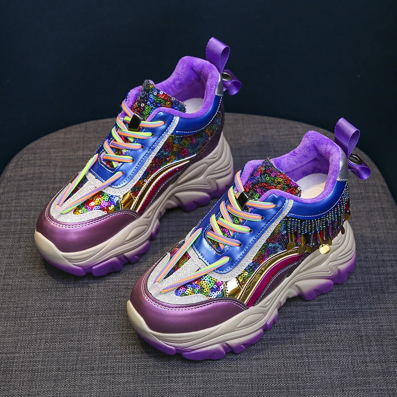 Women Winter Platform Bling Leather Sneakers Warm Plush Shoes Tennis 8CM Wedge Heels Lace-up Chunky Dad Shoes Woman Mujer