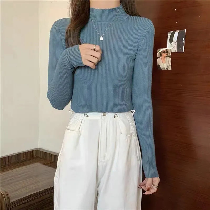 Winter Turtleneck Women's Sweater Knitted Pullover Soft Slim Long Sleeve Top Solid Color Basic High Neck Jumper Woman Clothing B-half neck-fog blue One Size(40-65kg)