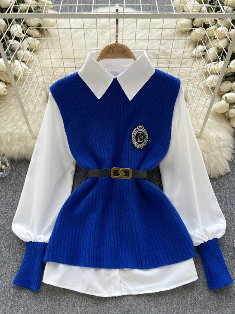 Loose White Shirt Long Sleeve Top Women's Belt Slit Knit Vest Korean Fashion Two Piece Set for Women Blouse Spring New blue
