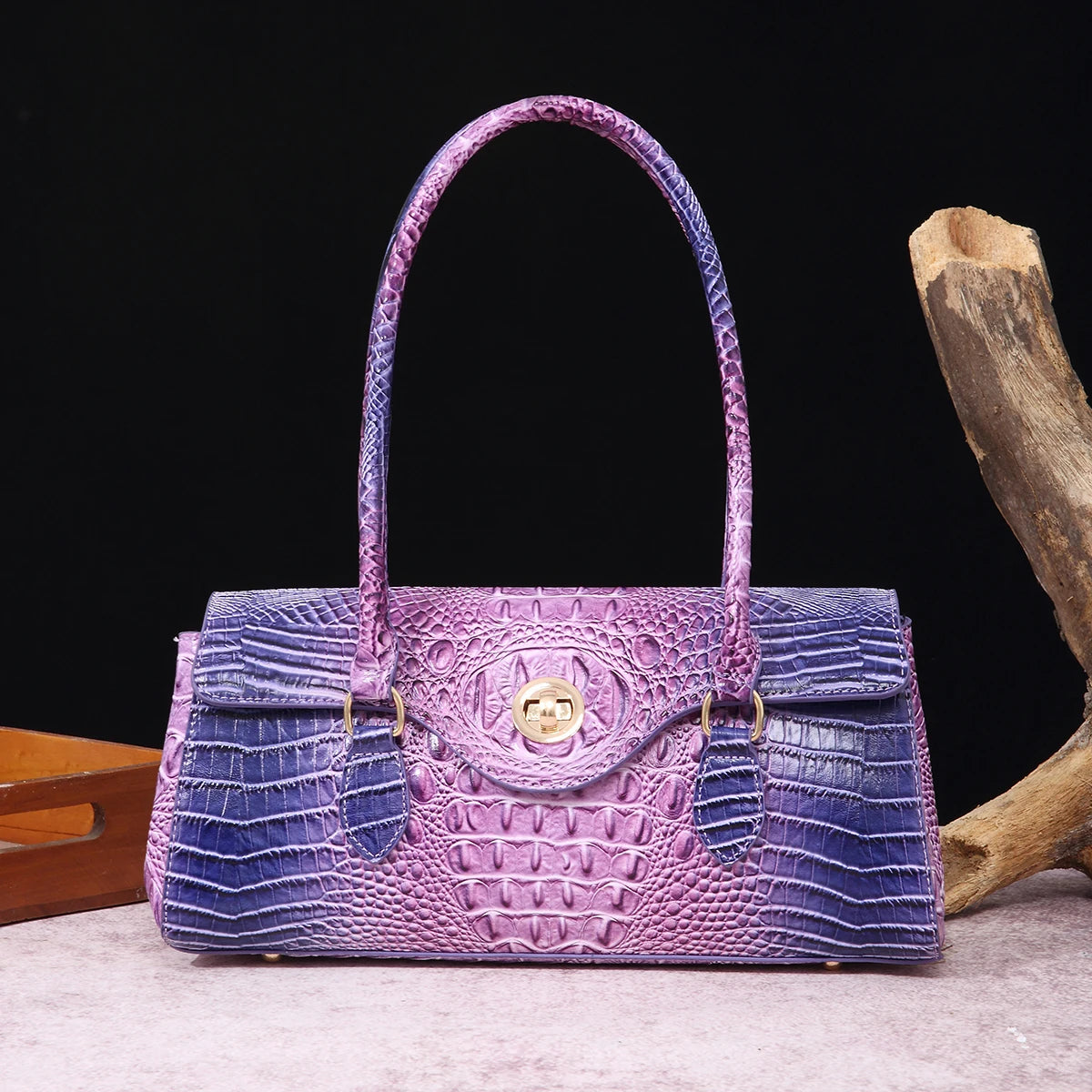 Multicolor Crocodile Pattern Fashion Handheld Stick Bag Large Capacity One Shoulder Underarm Bag Women's Luxury Handbag Violet