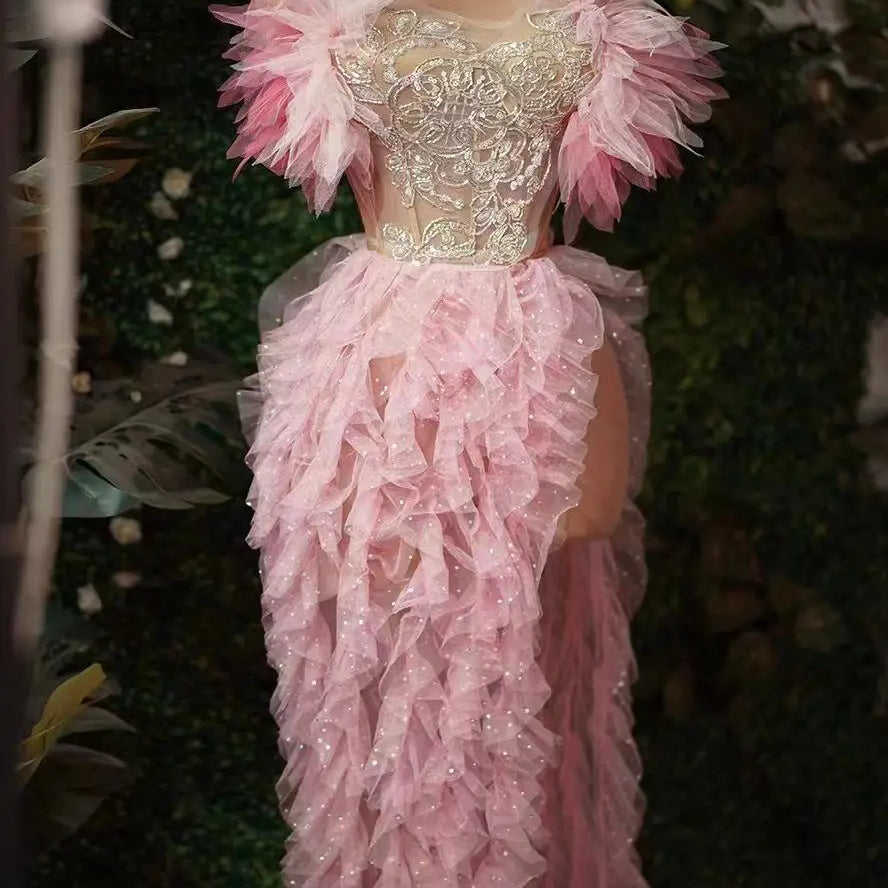 Fashion Women Sexy Strapless Ruffles 2 Pieces Bodycon Long Dress Celebrate Nightclub Party Performance Costume