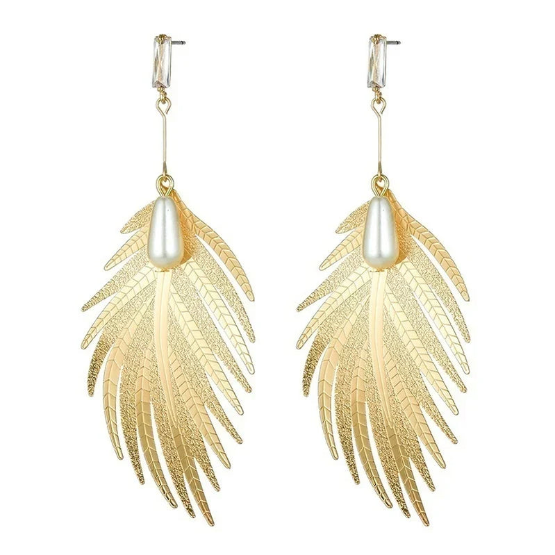 Women Alloy Exaggeration Heart Leaf Earrings Trendy Pearl Feather Charming Dangler