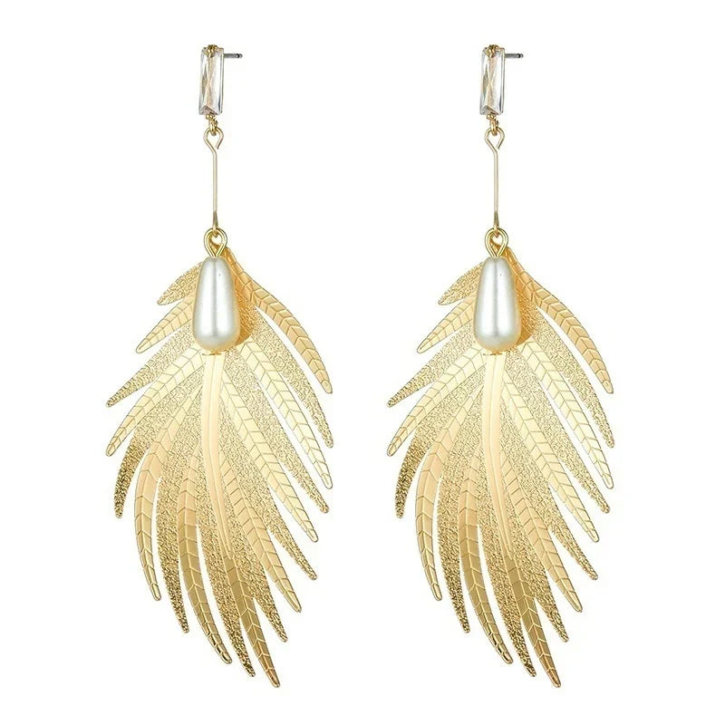 Women Alloy Exaggeration Heart Leaf Earrings Trendy Pearl Feather Charming Dangler