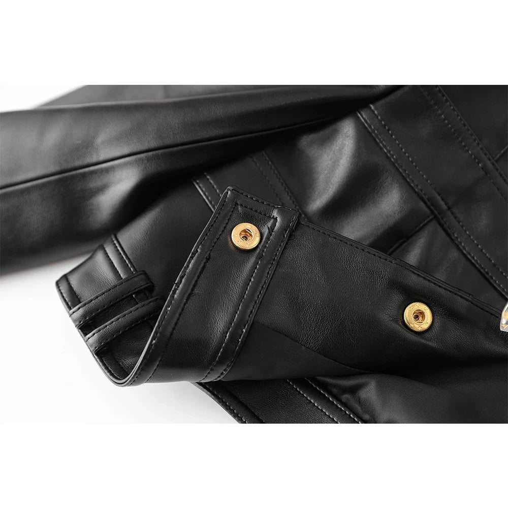 Fall Spring MotorBike Style Handsome Women Short Plaid Open PU Leather Outdoor Fashion Jacket