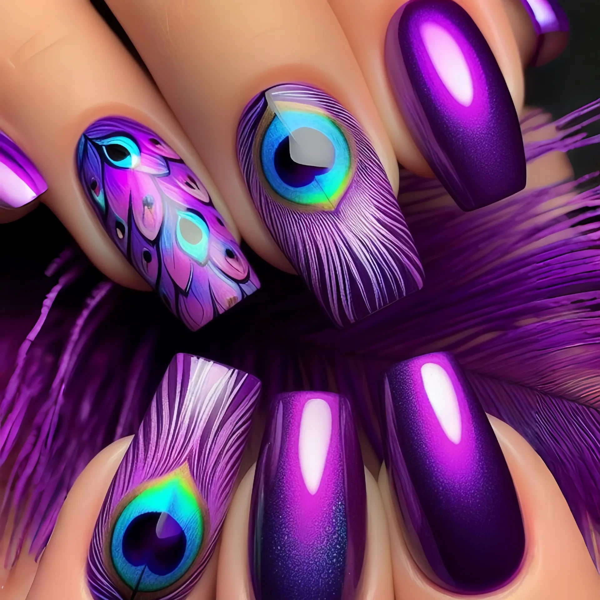 Short middle square ballet fake nails sparkling plant flowers maple leaves gradient Peacock feathers press on false nails set
