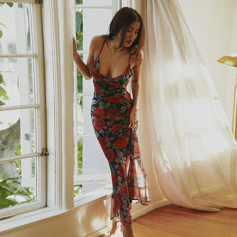 Cryptographic Floral Print Sexy Draped Slip Maxi Dress Elegant See Through Outfits Women Sleeveless Dresses Party Club Vestido