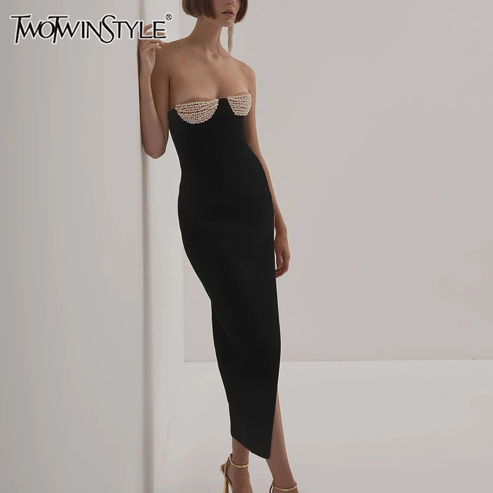 TWOTWINSTYLE Patchwork Pearls Asymmetrical Dress For Women Strapless Sleeveless High Waist Split Sexy Dresses Female Fashion New