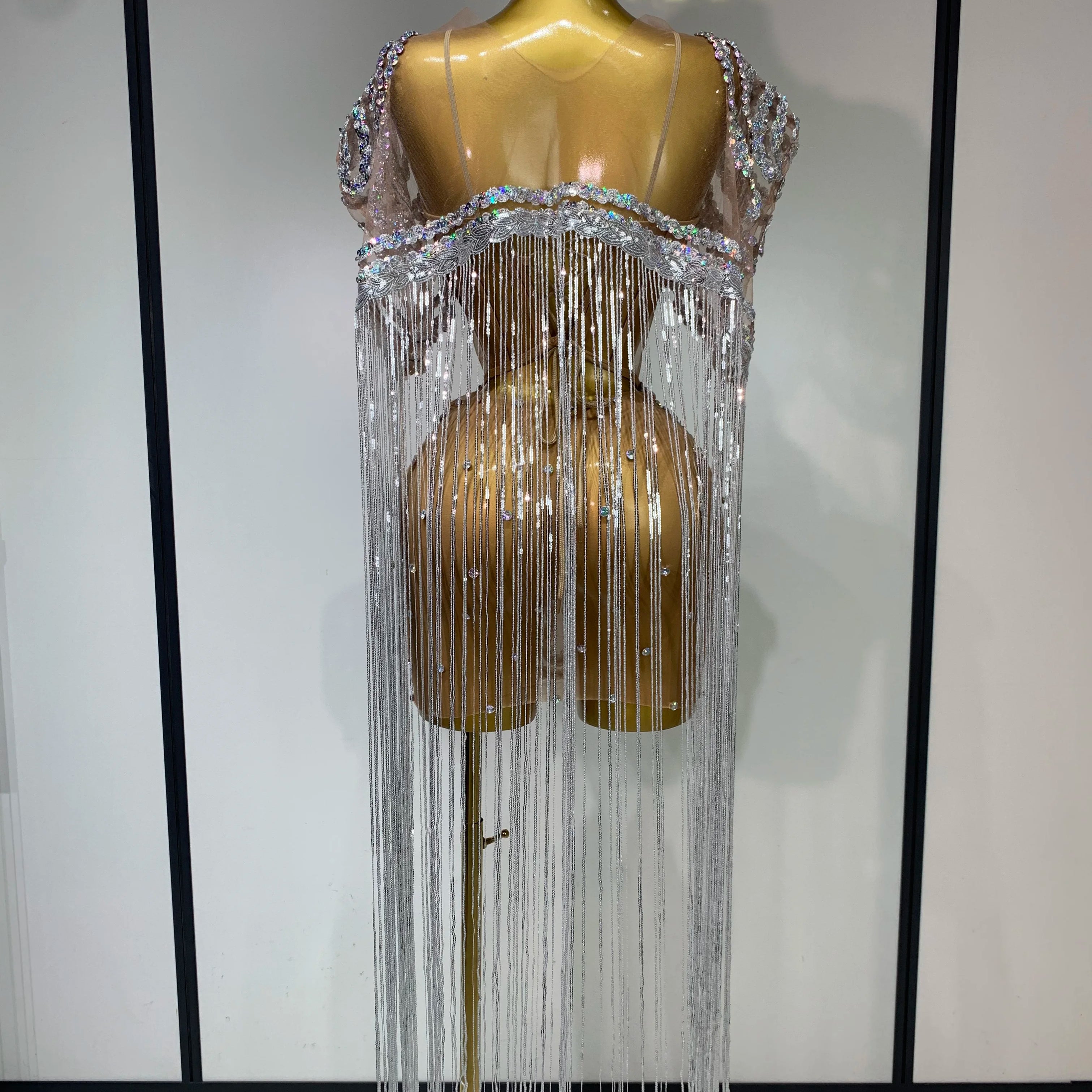 Sparkly Rhinestones Tassel Sexy Mesh Transparent Short Dress Women Evening Party Luxury Birthday Nightclub Singer Stage Costume