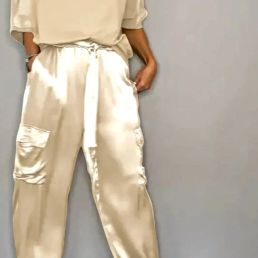 Summer Fashion Solid Satin Two Piece Set Women Round Neck Long Sleeved Top Long Pants Casual Loose Two Piece Set Women Ivory
