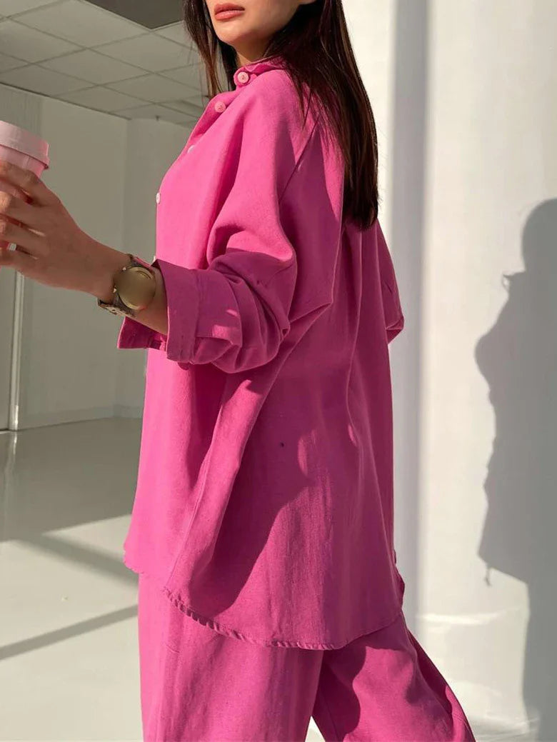 Women's Summer Suit with Pants Summer Loose Wide Leg Trousers Elegant Two Piece Suit Set for Women Buttons T-shirts Outifit