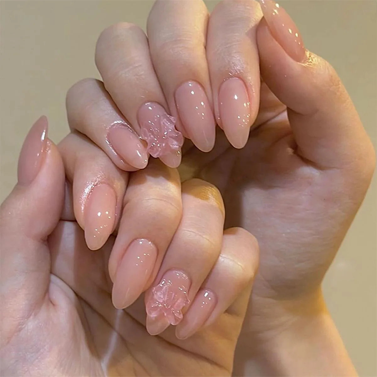 24Pcs Solid Nude Color Fake Nails with Jelly Glue Short Almond Press on False Nails Wearable Oval Finished Full Cover Nail Tips