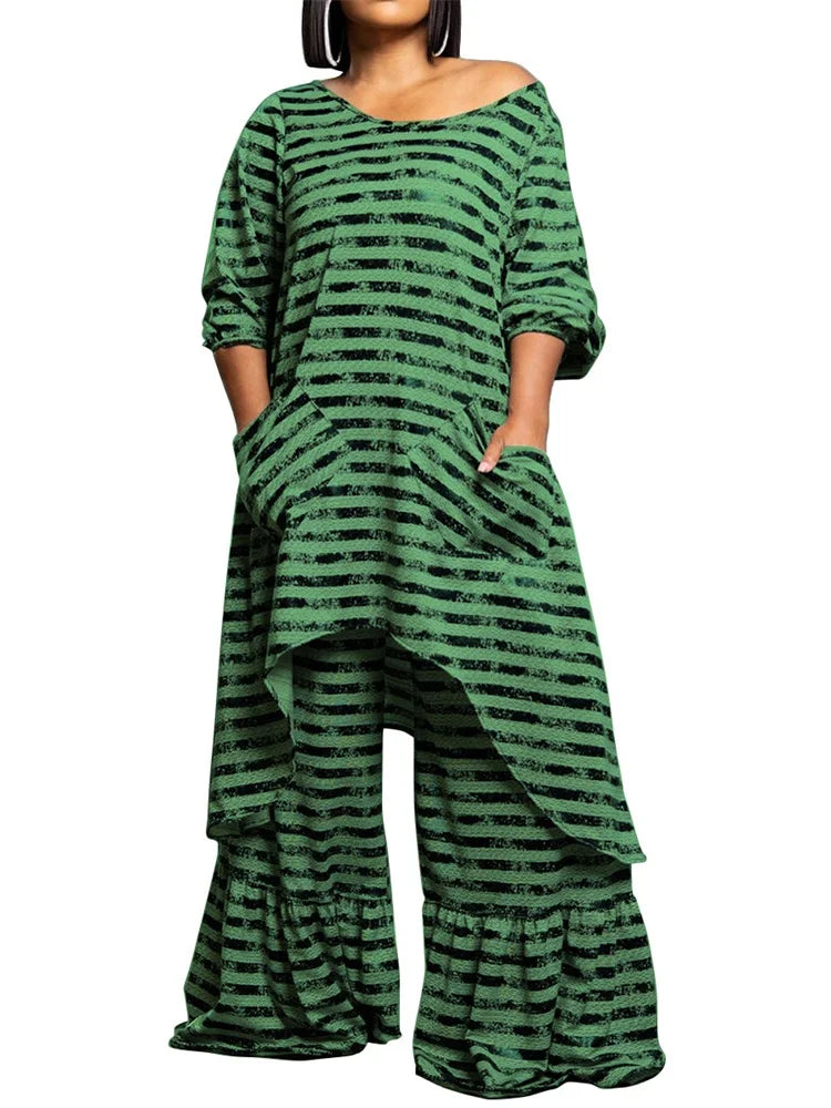 Wmstar Plus Size Two Piece Women Clothing Long Sleeve Long Top and Pants Sets Striped Matching Set Wholesale Dropshopping 2024