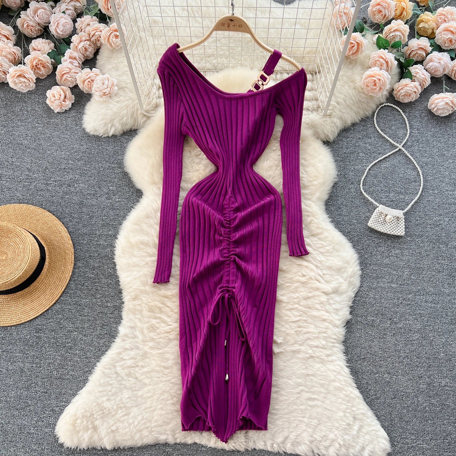 Women Dress Autumn Winter Sexy Package Hips Bodycon Dress Chic Fashion Luxury Knitted Dress Party Vestidos PURPLE One Size