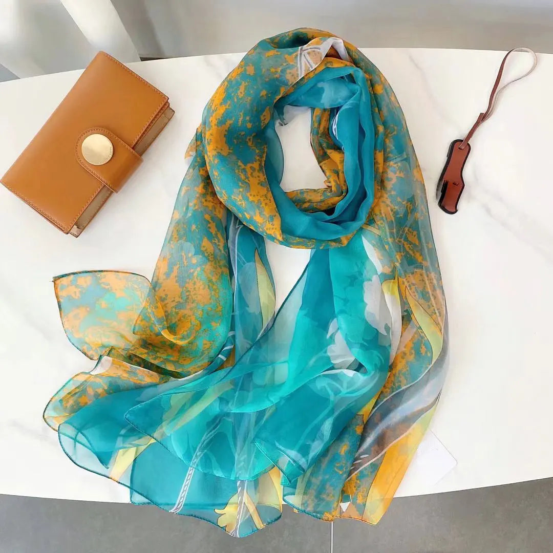 Print Silk Scarf Hijab Women Spring Deisgn Soft Beach Stoles Elegant Head Scarves Echarpe Shawl Satin Large Wrap Echarpe Bandana see chart 44