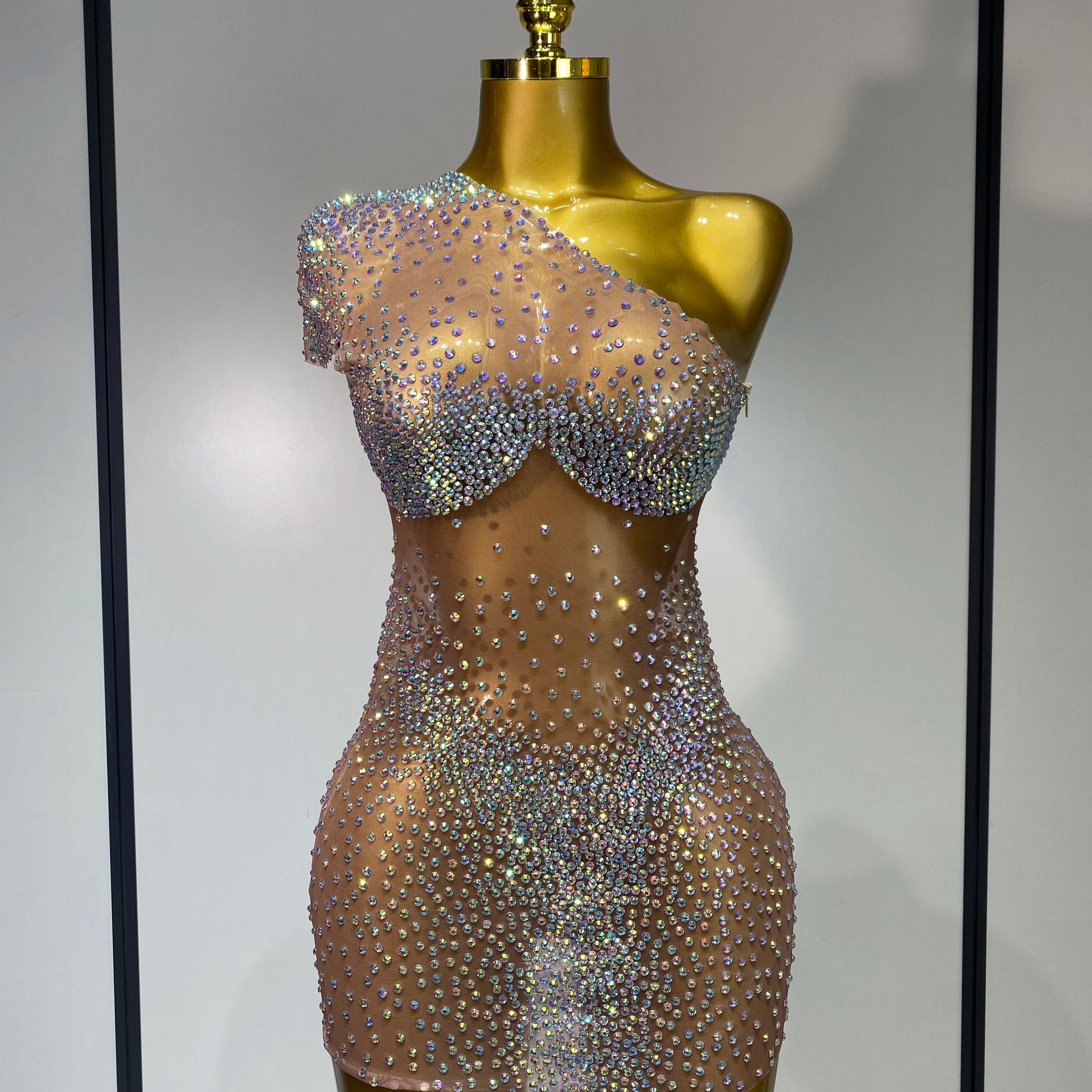 Sparkly Rhinestones Women Sexy One Shoulder Bodycon Mini Dress Mesh See Through Celebrate Nightclub Party Birthday Stage Outfit