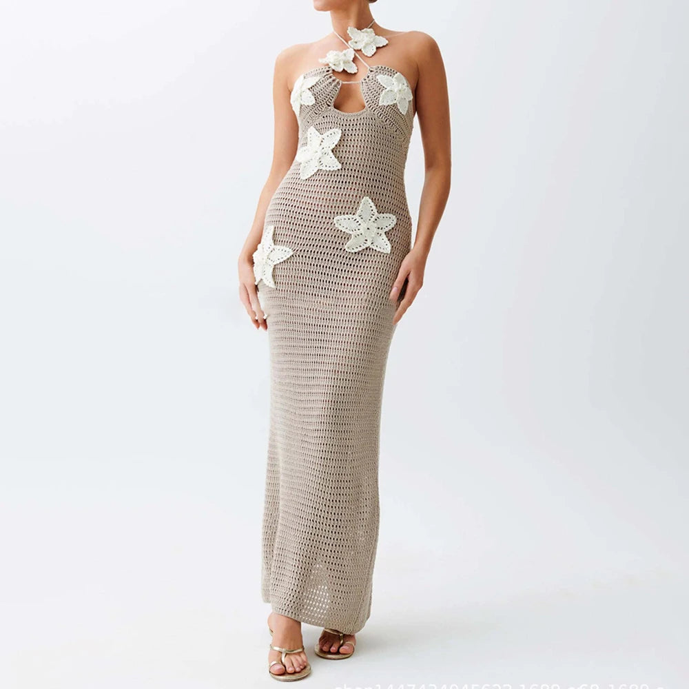 TWOTWINSTYLE Patchwork Appliques Knitted Dress For Women Halter Sleeveless High Waist Slimming Dresses Female Fashion Clothes