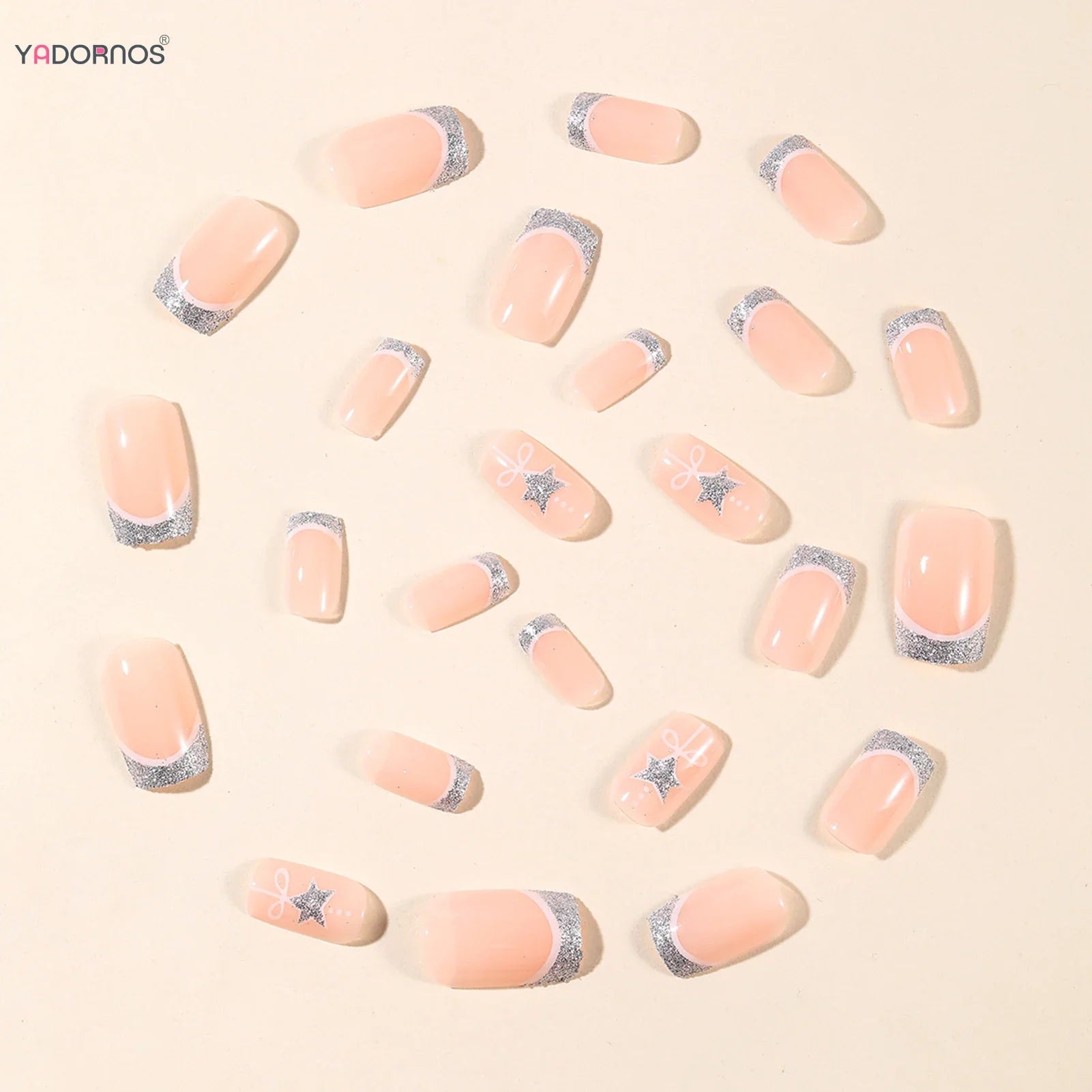 Nude Color Square Fake Nails for Christmas Party Silver French Press On Nails Star/Bowknot Designs Reusable False Nails Patches