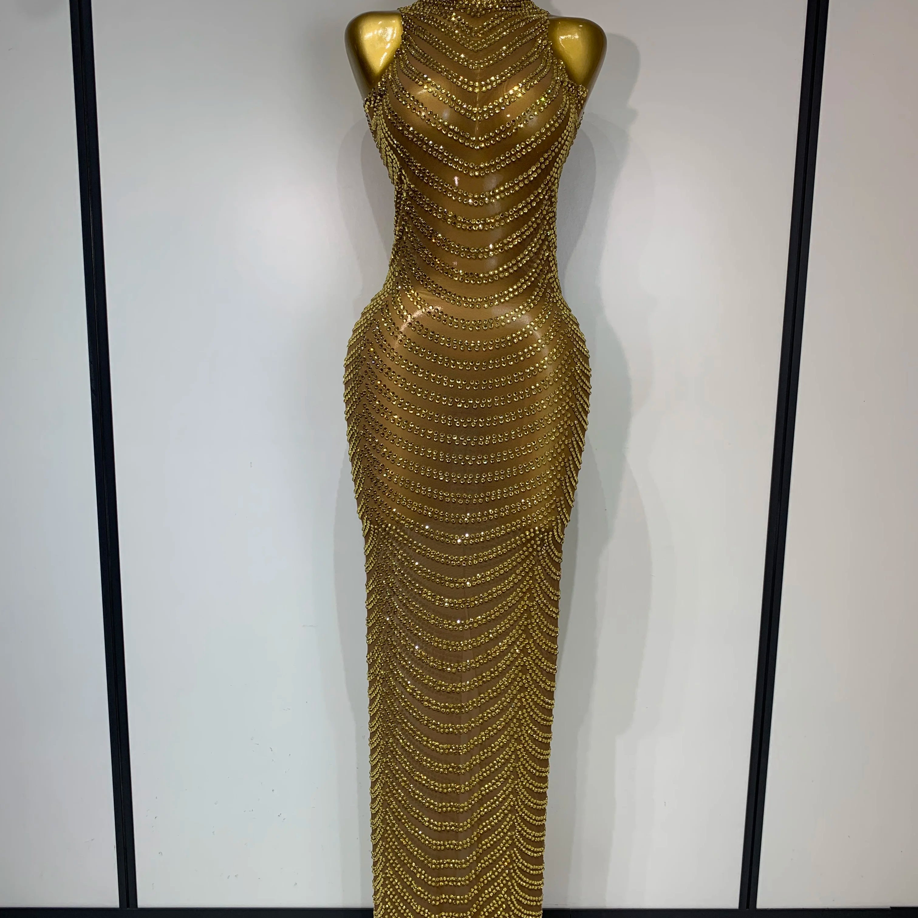 Women Sexy Sparkly Rhinestone Gold Maxi Dress Mesh See Through Evening Party Singer Stage Perform Costume Luxury Birthday Gown