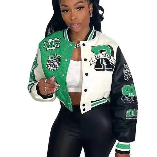 Women Overcoat Casual Letter Print Patchwork Baseball Uniform Jacket Round Neck Button Fall Coat Autumn Winter Short Jacket Green