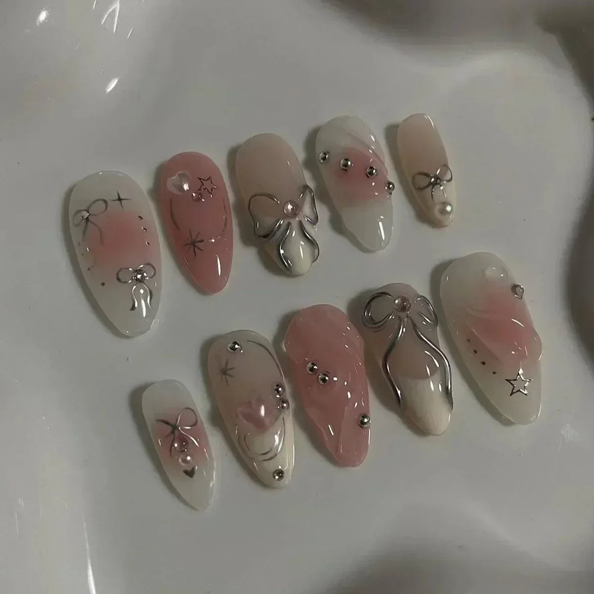 24pcs Short Almond Press on Nails 3D Flower Butterfly Fake Nails with Glue Colorful Natural Acrylic False Nails Full Cover Nails