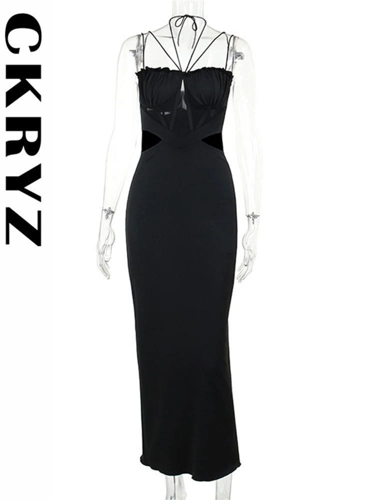 Ladies Autumn Sleeveless Backless Lace Up Halter Hollow Out Maxi Dress For Women New Fashion Evening Party Club Wear Y2K Clothes