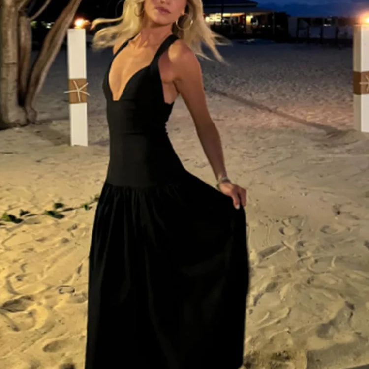 Elegant Lady Contrast Hollow Out Slim Long Dress Fashion Sleeveless Bodycon Maxi Robes Summer 2025 Party Vacation Women Dresses
