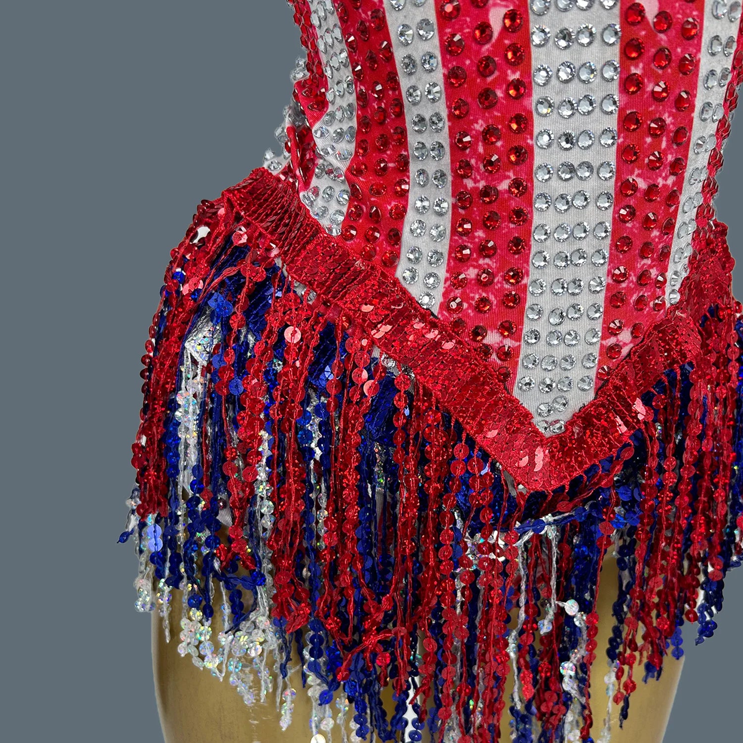 Sparkly Rhinestone Five Pointed Star Tassel Bodysuit Sexy Women Dance Performance Bodysuit Latino Dance Team gig Wear Maxituan