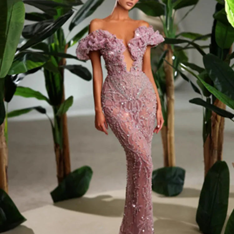 Luxury Sexy Off Shoulder Ruffles Pink Mesh Sequins Maxi Long Women Celebrity Dress 2024 Elegant Party Evening Club Vestido