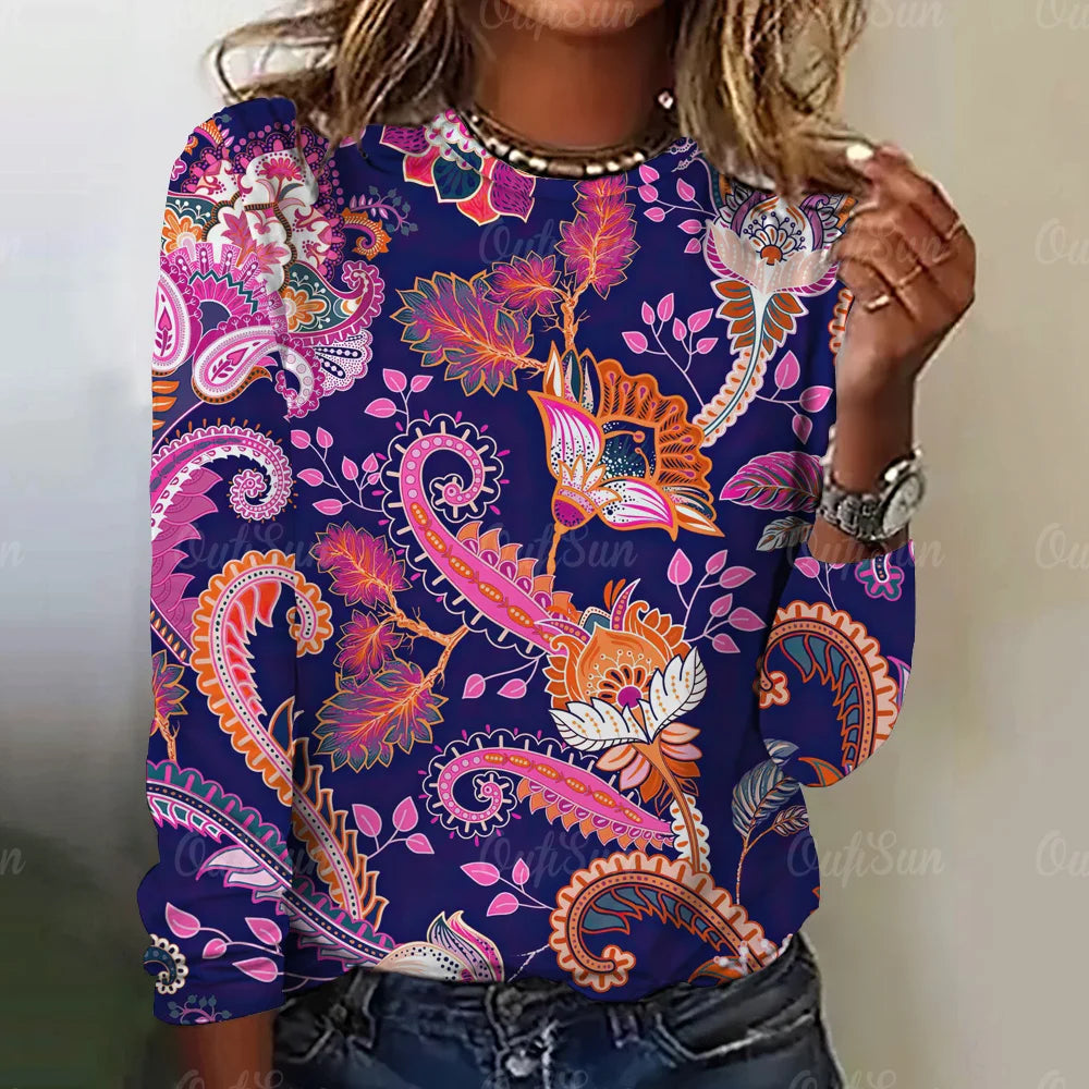 Paisley Print Top Women Long Sleeved Streetwear Summer Vintage Tee Women's Fashion O Neck T Shirts Y2k Oversized Female Clothing W010203-SM16953