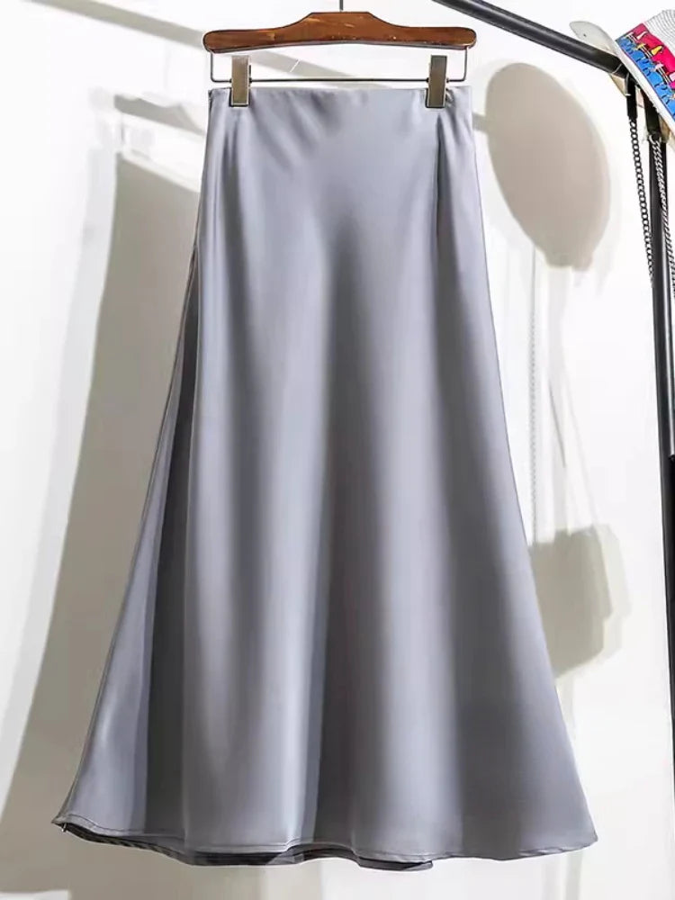 Acetic Satin Fishtail Skirt Woman Korean Fashion Elastic High Waist Skirts for Women Spring/summer New Slim Long Dresses gray