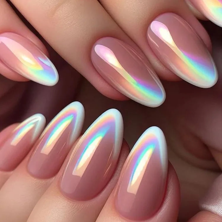 24Pcs Medium Almond Rainbow Colors Gradient Press on Nails Full  Cover Summer Cat Eye Design Wearing Fake Nails with Jelly Glue