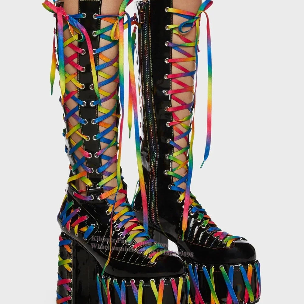 Round Toe Square Heel Platform Knee-High Boots Mixed Color Cross-Tied Patent Leather Side Zipper Super High Sexy Shoes Hot Girls