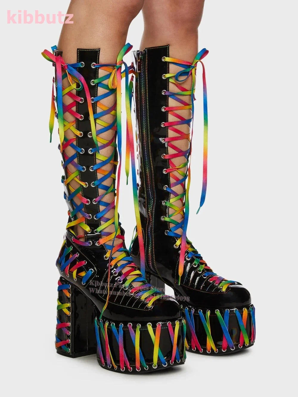 Round Toe Square Heel Platform Knee-High Boots Mixed Color Cross-Tied Patent Leather Side Zipper Super High Sexy Shoes Hot Girls