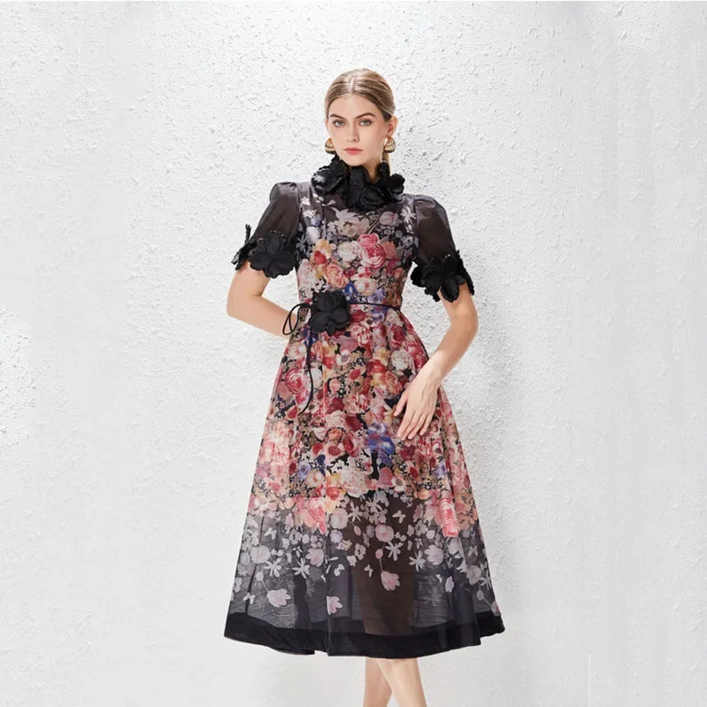 Holiday dress Spring Summer Printed Standing Collar Vestido Midi Vintage Para High End Holiday Dress Lace Women