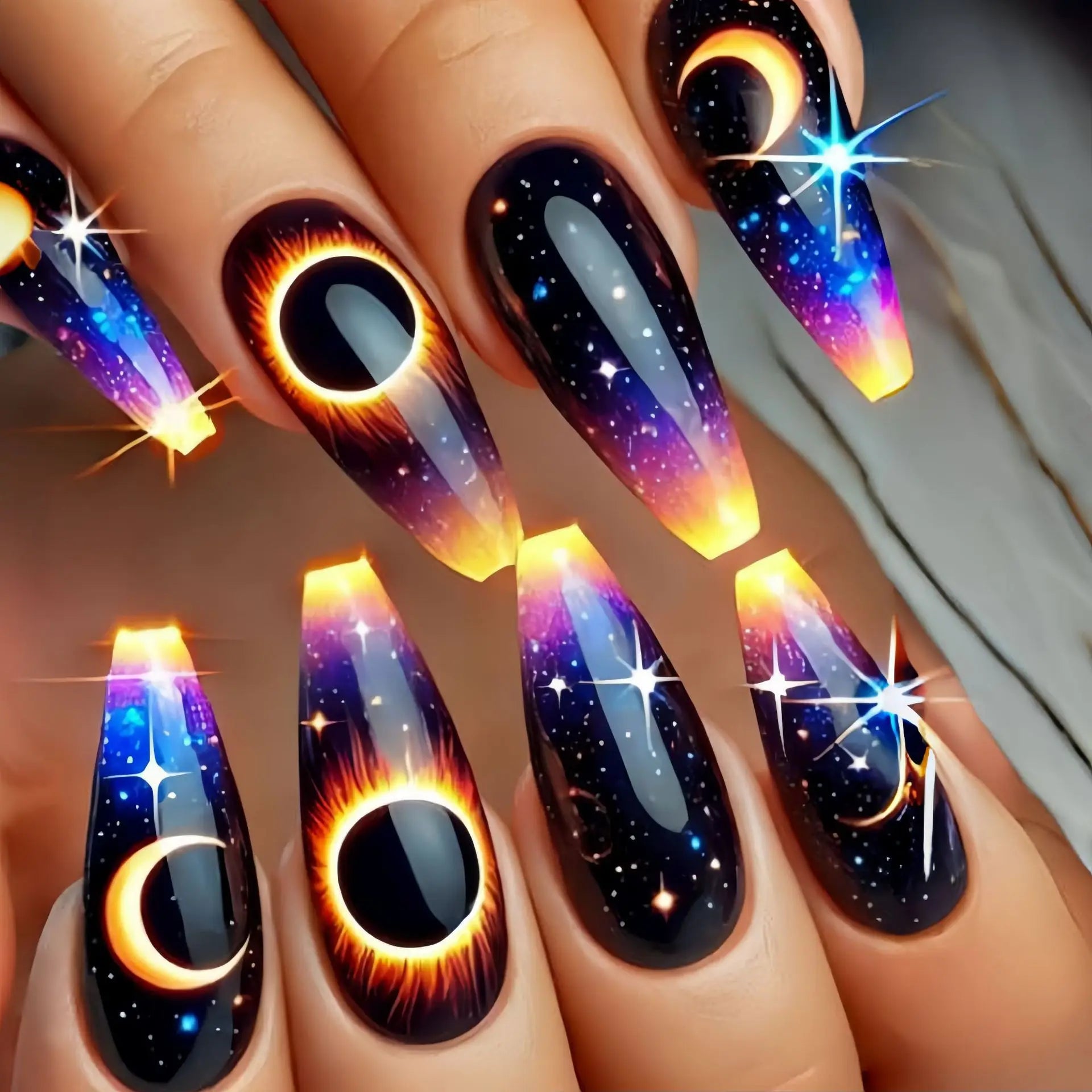 Medium fake nails for women gilrs gradient blue pink starry sky star moon Y2K design Almond nail tips press on false nail set