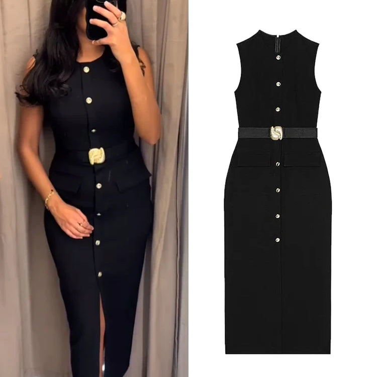 Elegant Split Women 's Maxi Dress O-neck Sleeveless Single Breasted Waist Cinching Pocket Female Dressess Summer Lady Vestidos