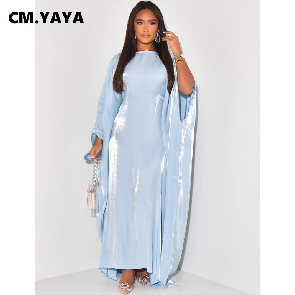 CM.YAYA Women Loose O-neck Full Batwing Sleeve Long Maxi Dress Summer Satin Vintage Africa Streetwear Vestido Evening Dresses