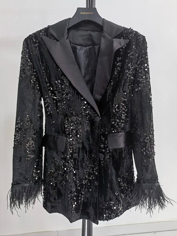 TWOTWINSTYLE Sequins Black Blazer For Women Notched Collar Long Sleeve Patchwork Feathers Cuff Solid Blazers Female Clothing New Black