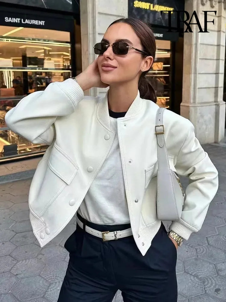 Women Fashion With Pockets Bomber Jacket Coats Vintage Long Sleeve Front Button Casual Female Outerwear Chic Tops