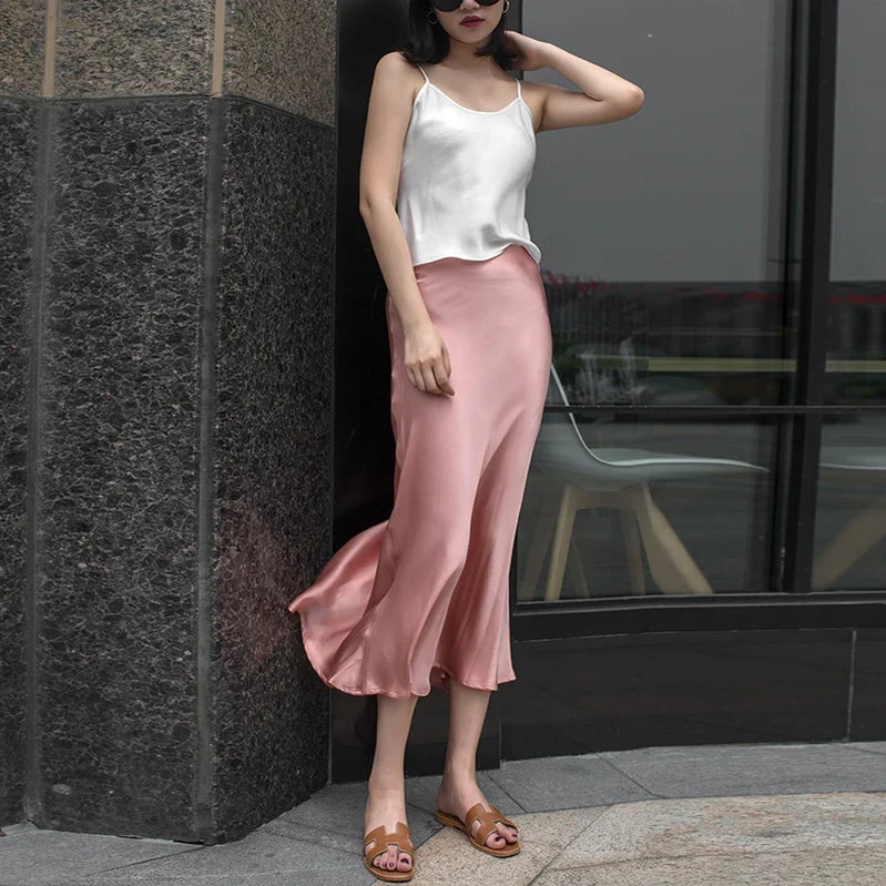 WYWM Summer High Waisted Satin Silk Skirt Women Solid 8 Color Fashion Elegant Ladies Streetwear Skirts Slim A-line Female Dress Pink