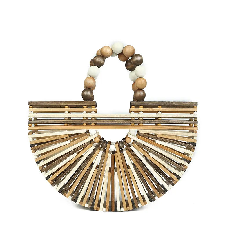 Fashion Summer Handmade Bamboo Handbag Fashion Wooden Bead Handle Women's Hollow Out Beach Bag Hand-woven Beach Travel Bag Beige 27X7X18CM