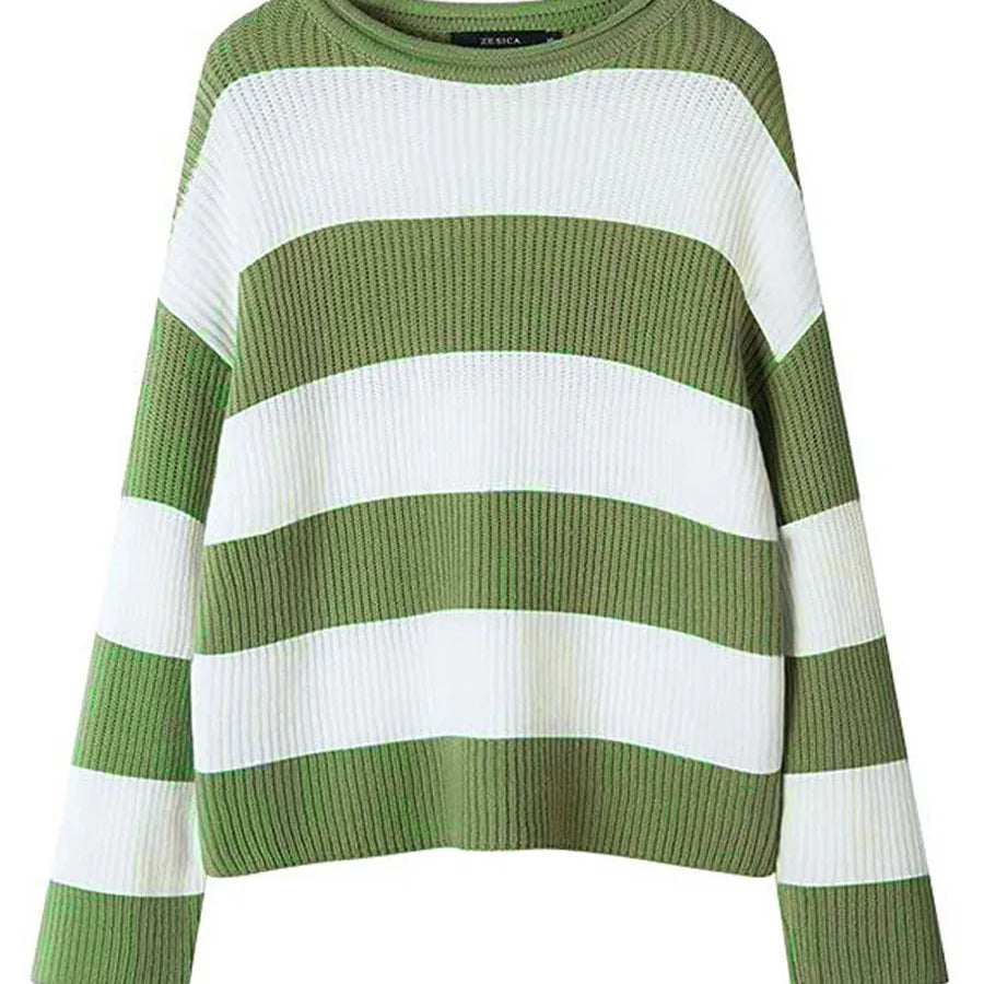 Women Stripe Print Cable Knit Round-Neck Long Sleeve Sweaters Fall Winter Loose Sweater Thick Cozy Chunky Knitwear