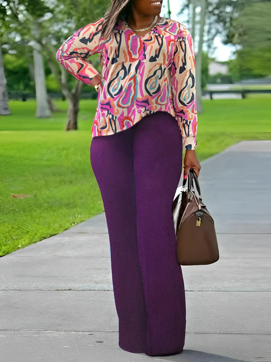 LW Plus Size V Neck Mixed Print Side Split Pants Set Casual Long Sleeve Top Fashion Loose Two Piece Set Outfit