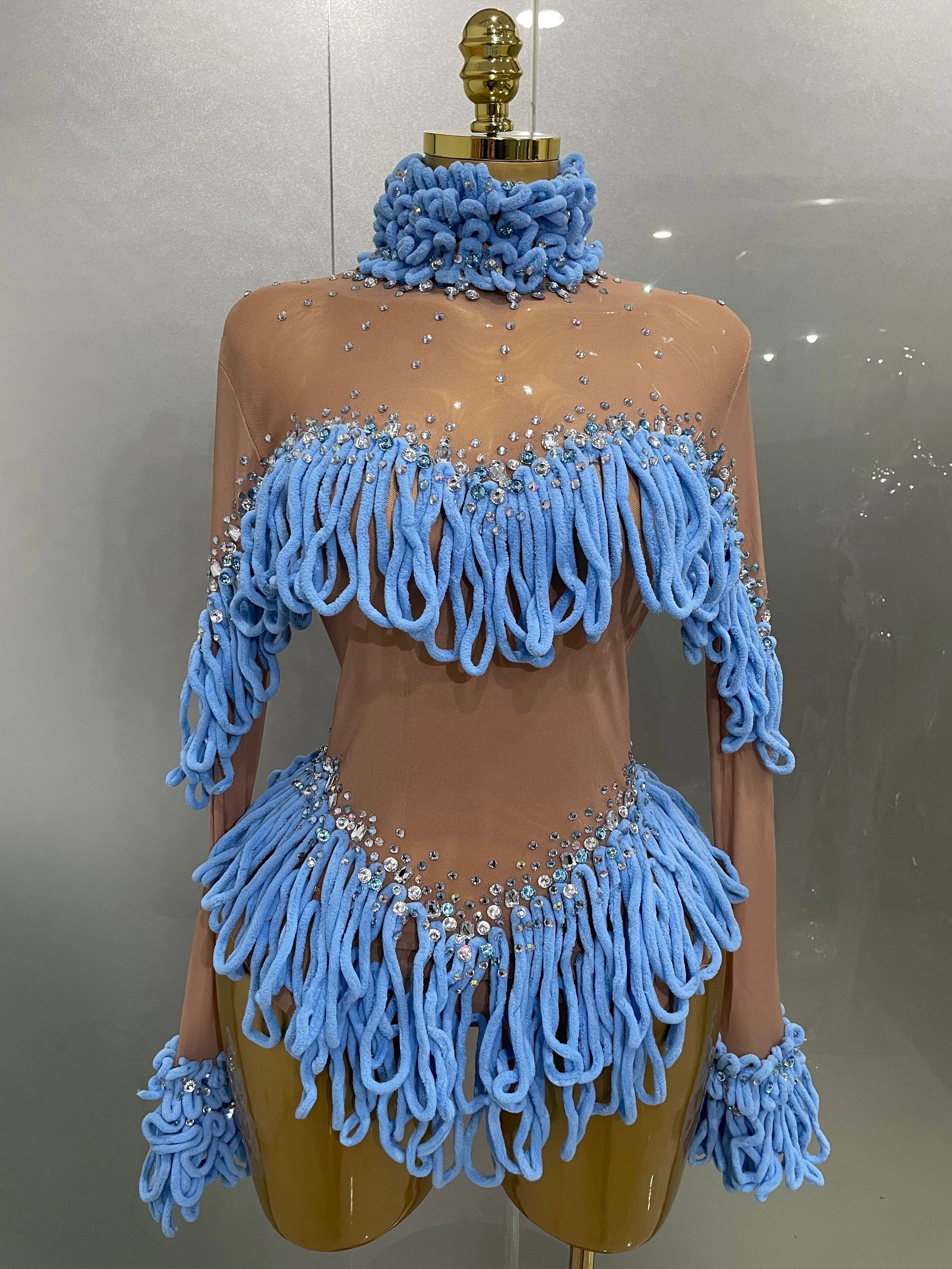 2025 New Women Shining Rhinestones Sexy Mesh Tassels Bodysuit Birthday Party Club Performance Dance DJ Leotard Show Stage Wear