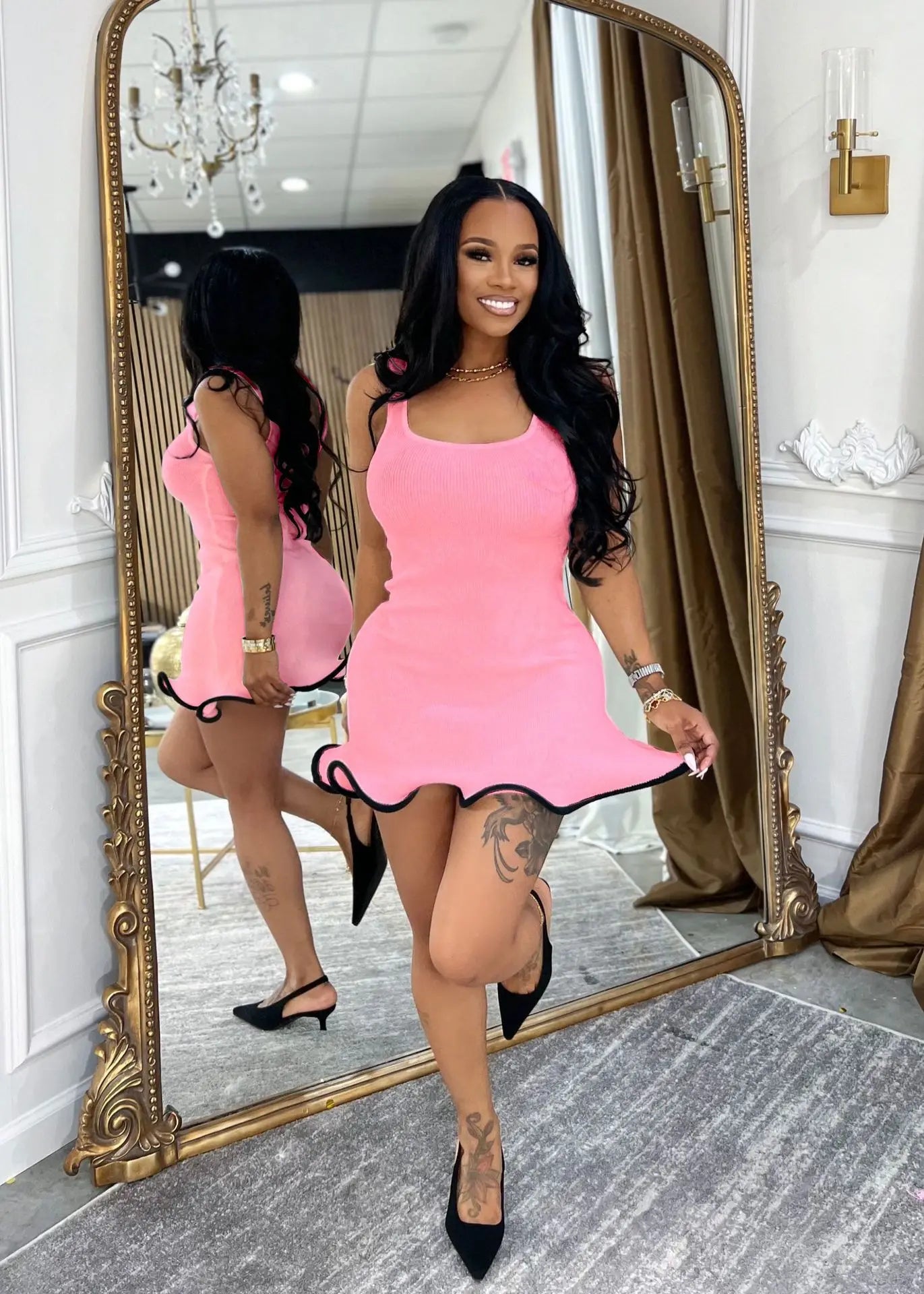 CM.YAYA Women Sleeveless O-neck Tank Mini Dress 2025 Summer Slim Sexy Sweet Club Party Evening High Street Ruffles Dresses Pink