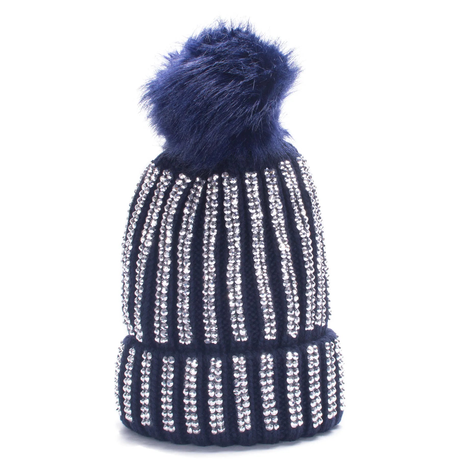 Winter Hats Faux Fur Pom Pom Rhinestone Bling Style Women Beanies Warm Knitted Skull Cap Navy