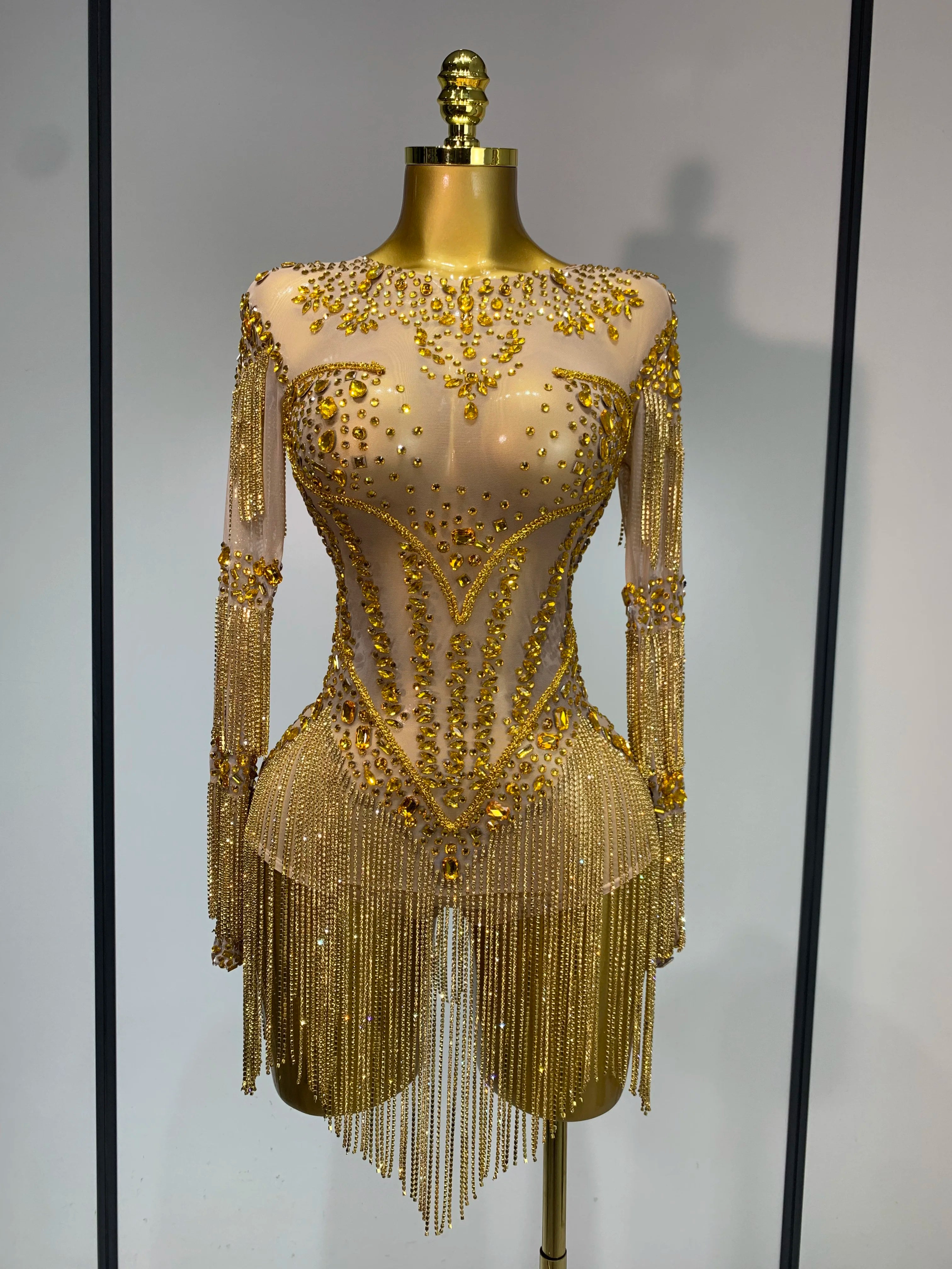 Luxury Birthday Evening Party Gown Sparkly Rhinestone Bodysuit Women Sexy Mesh See Through Performance Dance Stage Costume