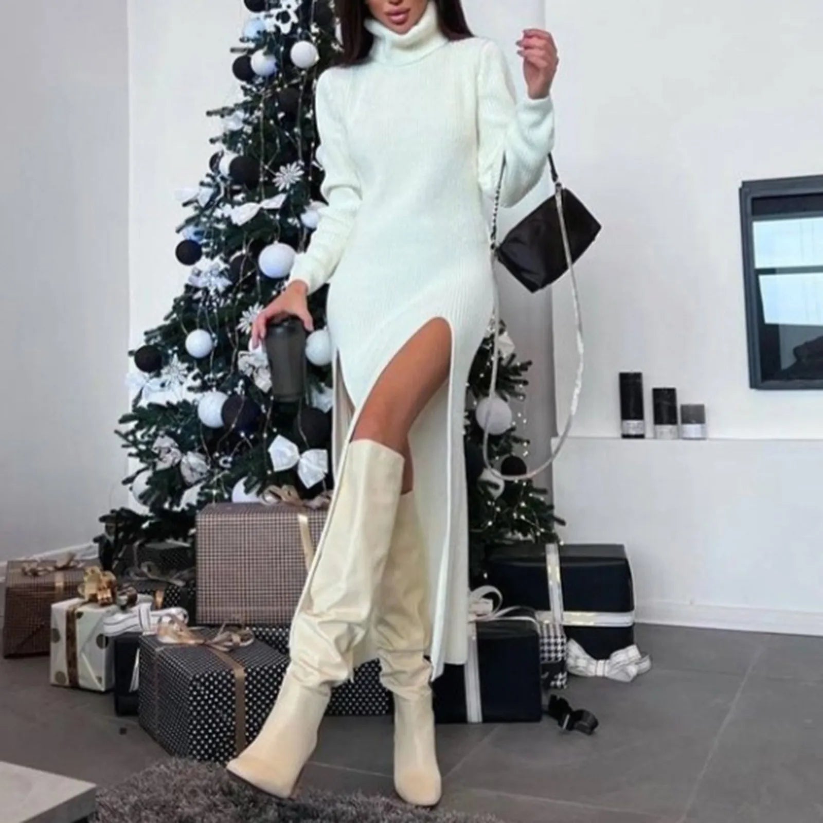 Elegant Knitted Sweater Dress Women Long Sleeve Turtleneck Knitted Slit Woolen Sweater High Split Bodycon Dress Party Vestidos White